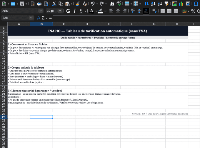 Tableau de tarification sans TVA — calculez vos prix de vente