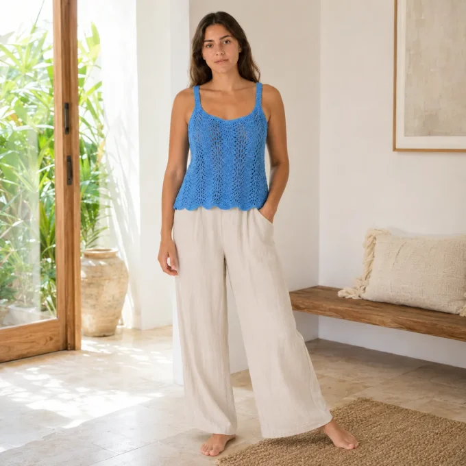 Top crochet bleu en coton mercerisé taille M femme