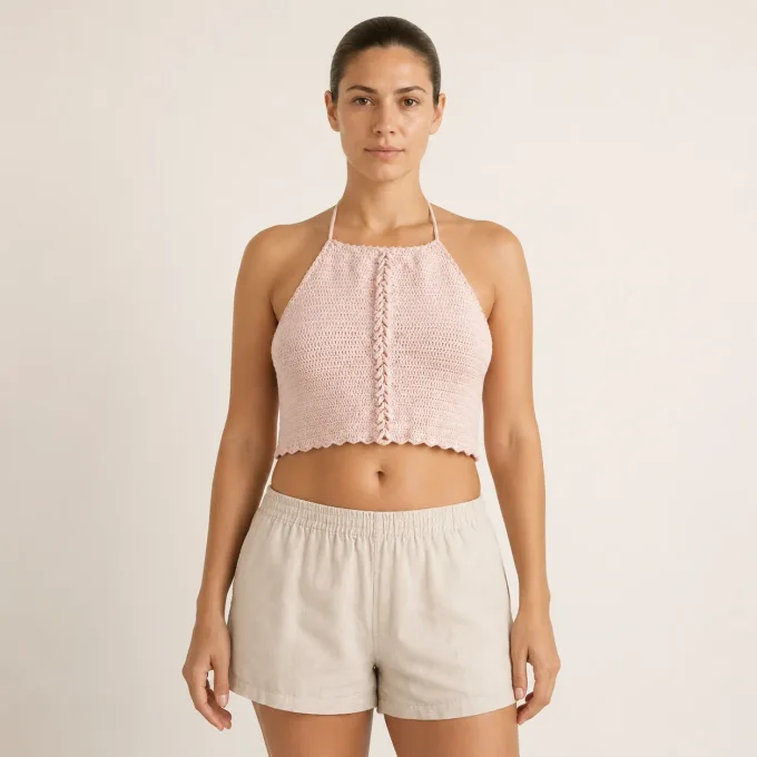Top triangle tricoté écru, maille fine dos nu à nouer