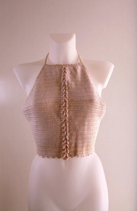 Top triangle tricoté écru, maille fine dos nu à nouer