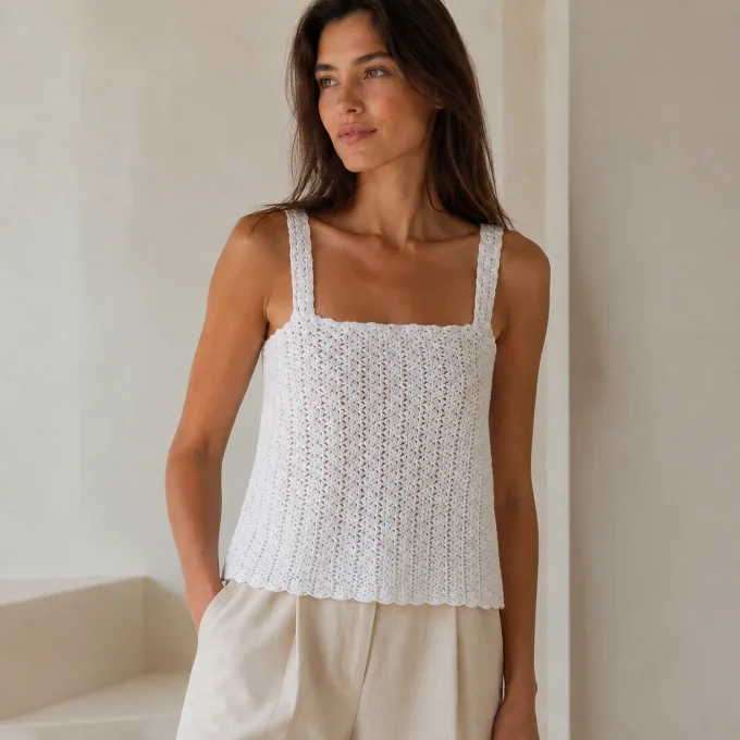 Débardeur femme écru en maille ajourée effet crochet 100 % coton