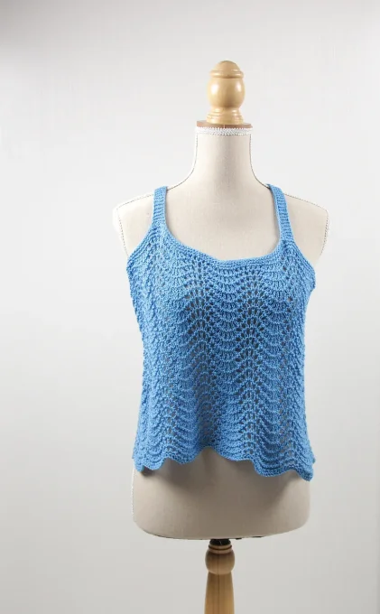 Top crochet bleu coton mercerisé M