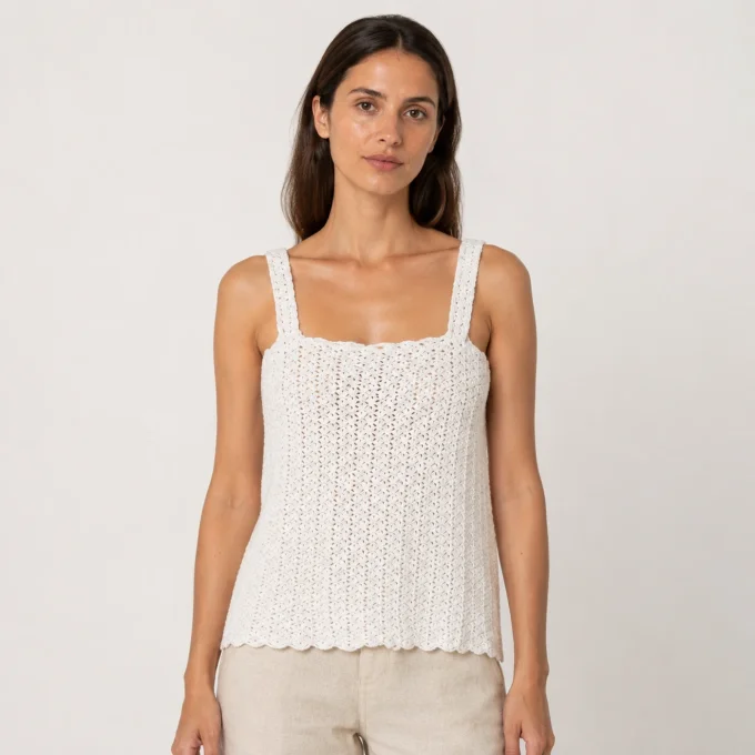 Débardeur femme écru en maille ajourée effet crochet – 100 % coton – S/36