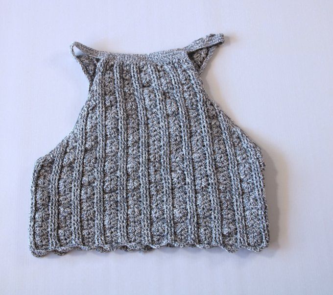 Top dos nu crochet gris chiné 100% coton fait main M 38-40