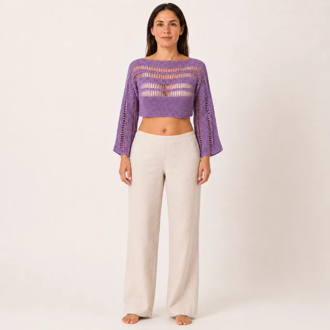 Crop-top crochet lavande ajouré, manches amples