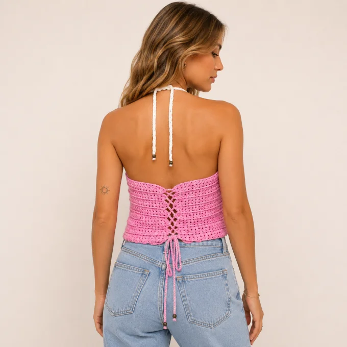 Détail du crochet rose et blanc du top femme fait main