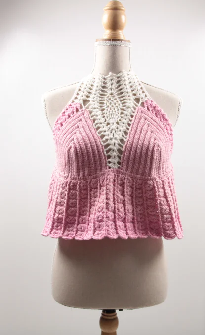 Top crochet femme rose et blanc coton fait main M 40/42
