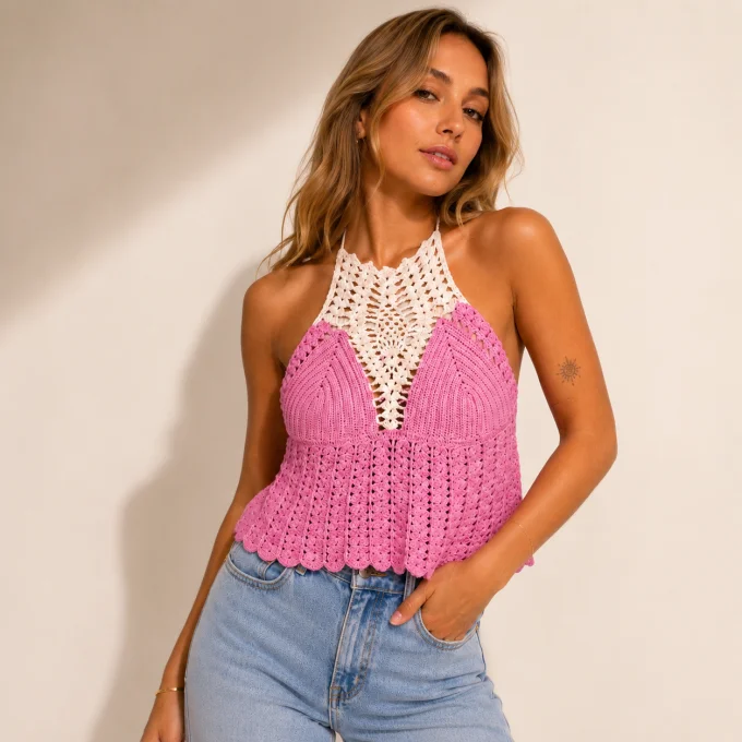Top crochet femme rose et blanc fait main en coton taille M 40/42