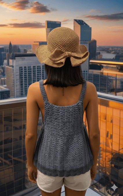 Top crocheté évasé gris perle, maille ajourée