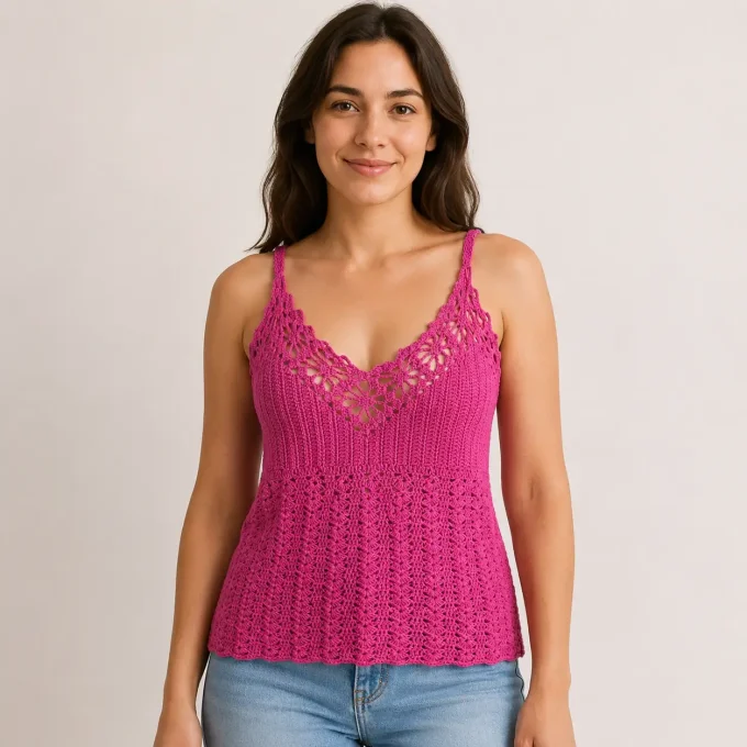 Vue de face d'un haut débardeur d'été en crochet rose fuchsia style bohème chic pour femme, avec mot