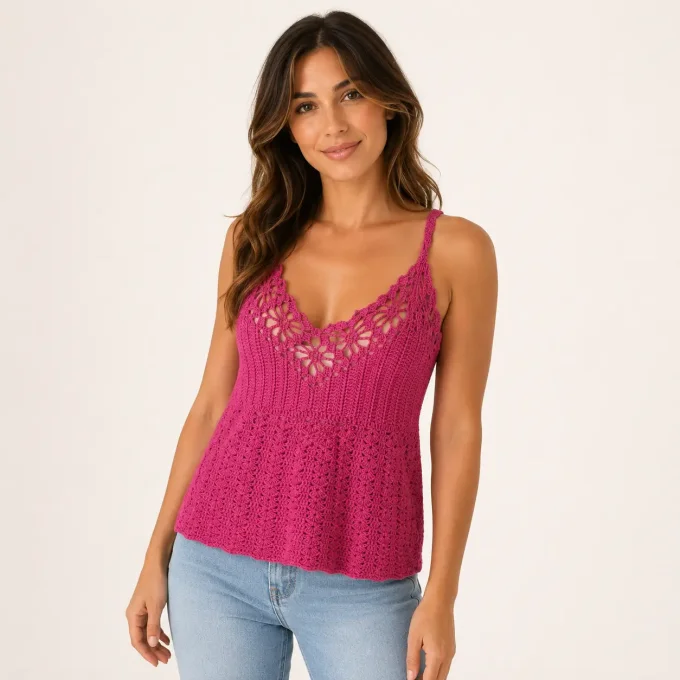 Top débardeur en crochet rose fuchsia pour femme avec bretelles fines et décolleté en V ajouré motif
