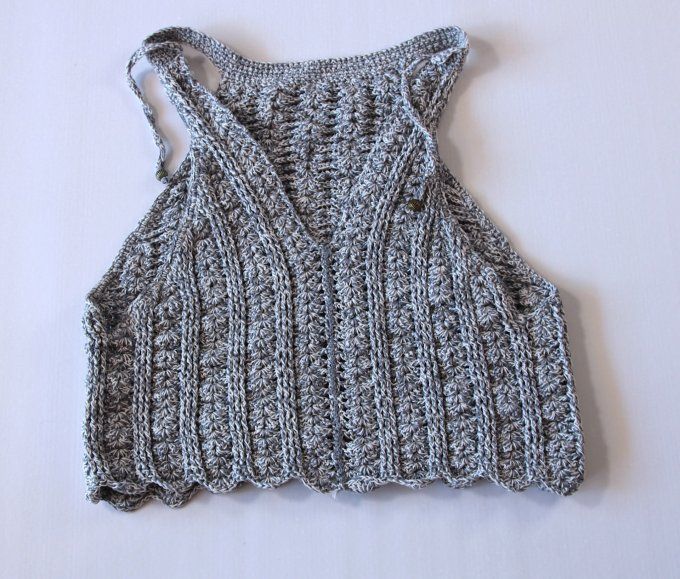 Top dos nu crochet gris chiné 100% coton fait main M 38-40