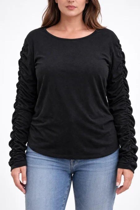 Top femme noir Ardene à manches longues froncées, vue à plat face, taille XL