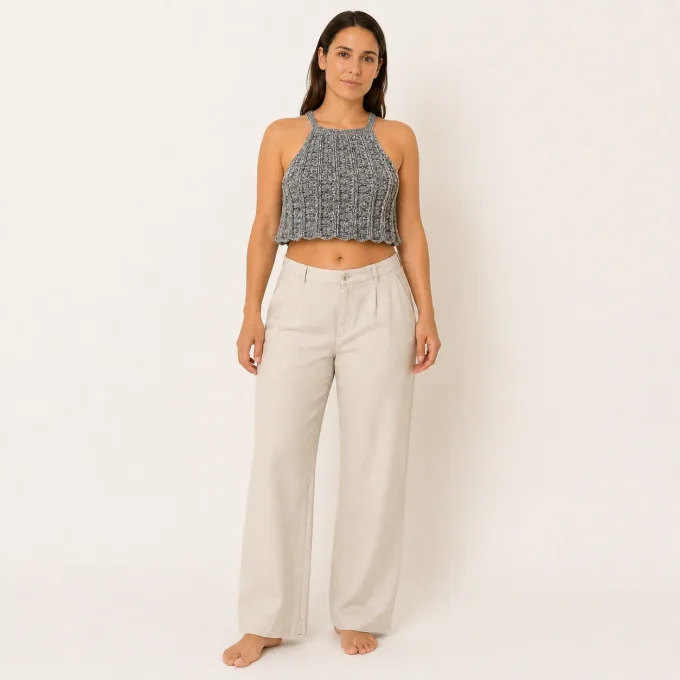 Top dos nu crochet gris chiné 100% coton fait main M 38-40