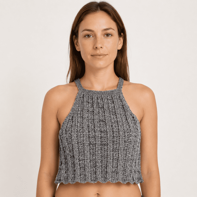 Top dos nu crochet gris chiné 100% coton fait main M 38-40