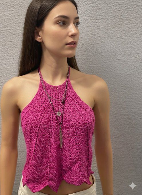 Top triangle tricoté fuchsia, maille ajourée ajustable