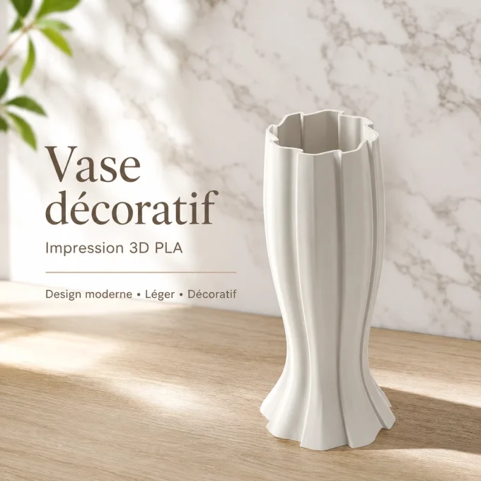 Infographie de présentation du vase décoratif blanc cannelé imprimé en 3D en plastique PLA au design