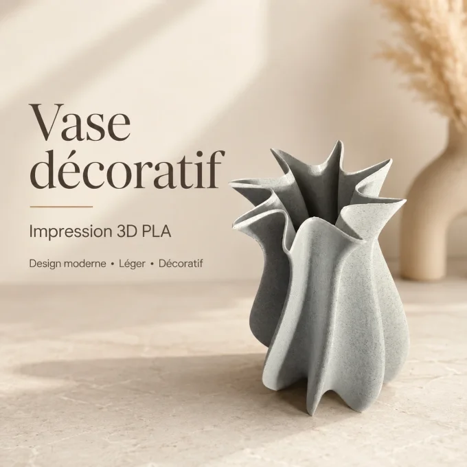 Vase décoratif moderne au design ondulé en forme d'étoile, imprimé en 3D en plastique PLA gris aspec