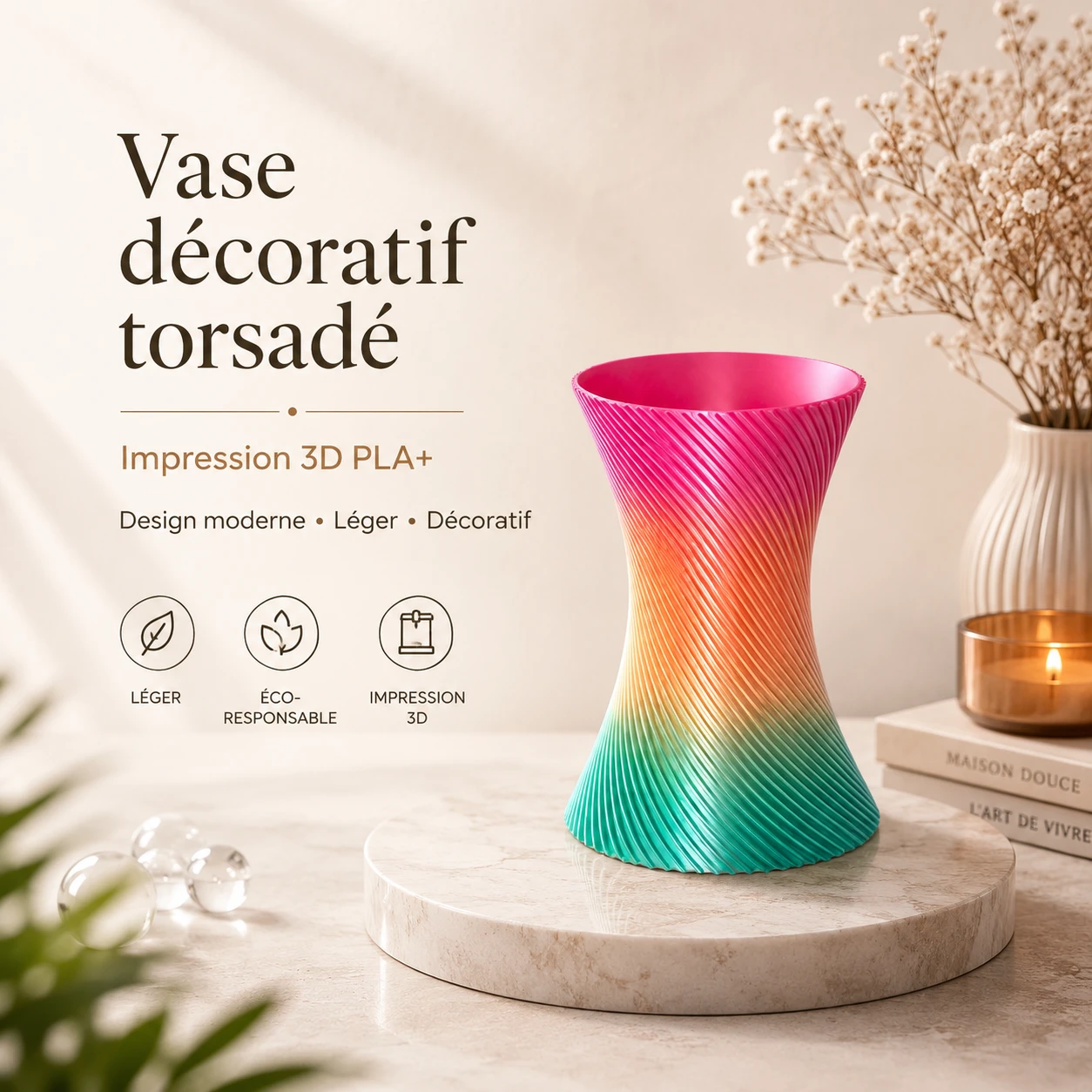 Vase déco torsadé multicolore 20 cm — impression 3D, effet wow