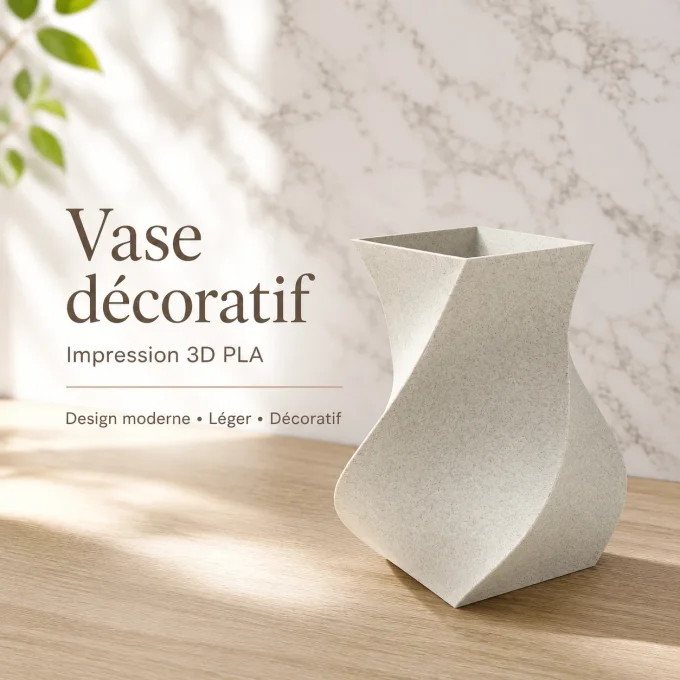 Infographie de présentation du vase décoratif géométrique torsadé imprimé en 3D PLA effet pierre au 