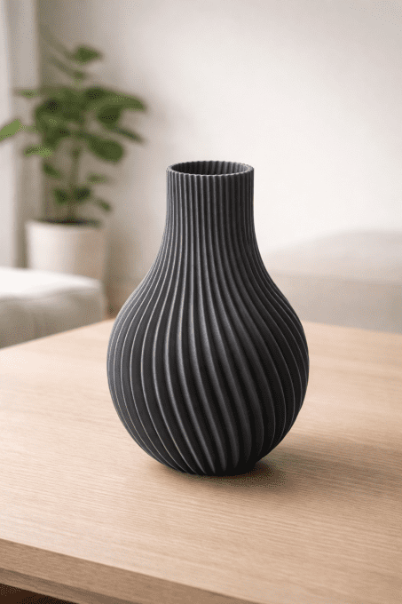 Vase spiralé imprimé 3D — silhouette côtelée
