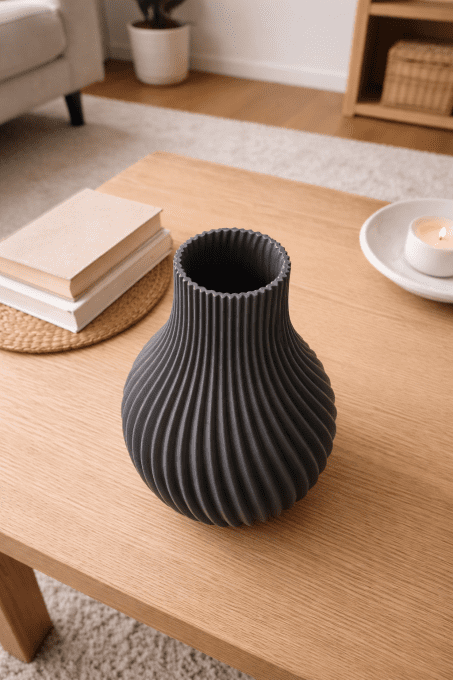 Vase spiralé imprimé 3D — silhouette côtelée