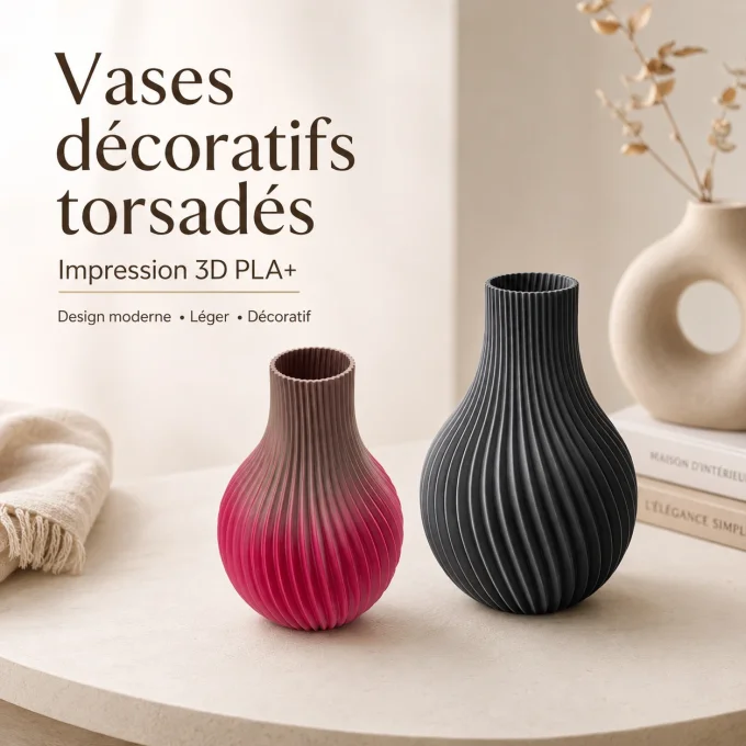Deux vases décoratifs torsadés imprimés en 3D en plastique PLA+, l'un dégradé rose et brun et l'autr
