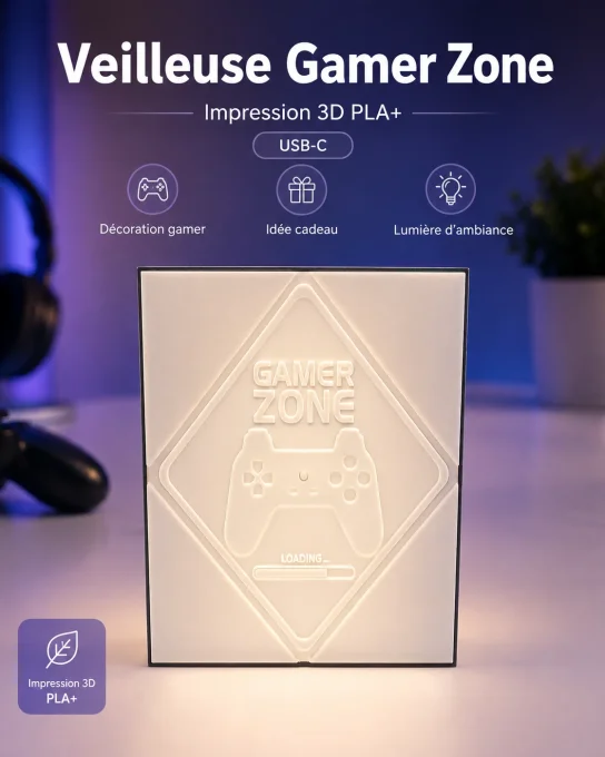 Veilleuse Gamer Zone en impression 3D PLA+ avec port USB-C