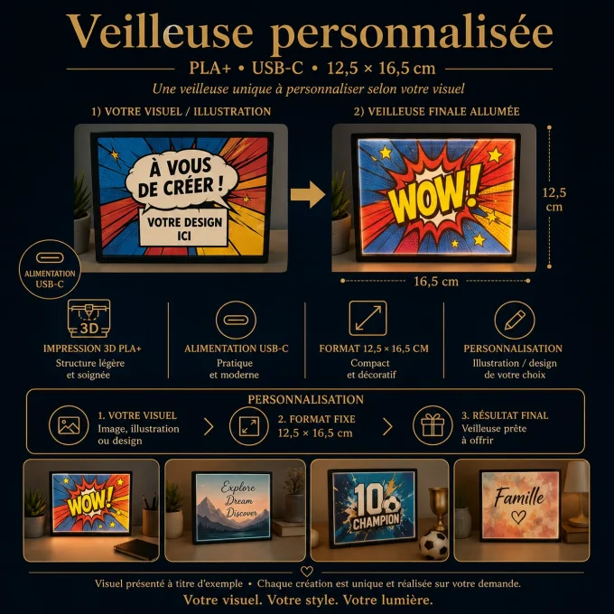 Fiche de presentation de la veilleuse personnalisee en impression 3D avec alimentation USB-C et exem