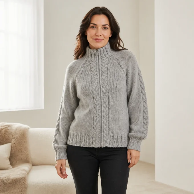Gilet femme gris fait main zippé – col montant et torsades