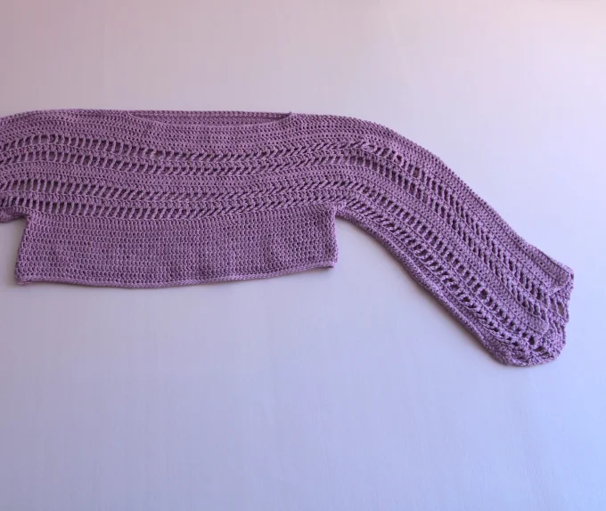 Crop-top crochet lavande ajouré, manches amples